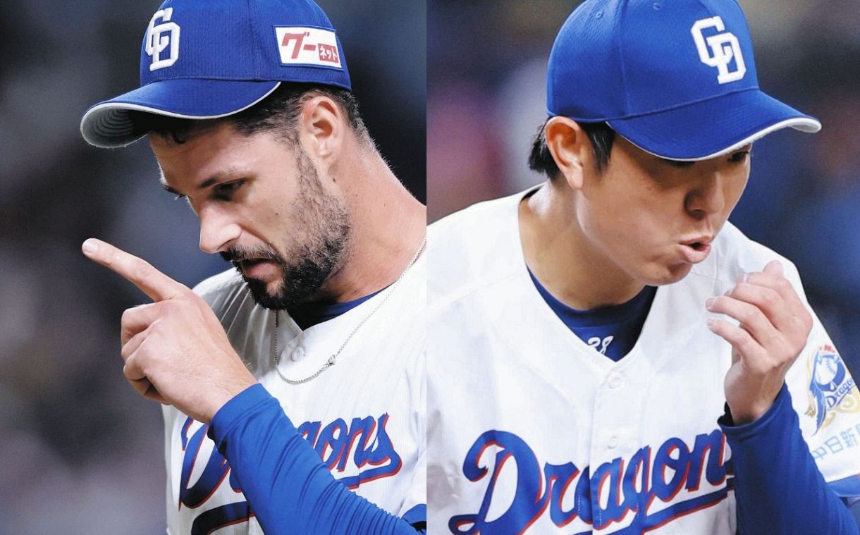 ６回表を終え、ベンチに戻るマラー（左）、３回表、マッカスカーに左前適時打を許し、指に息を吹きかける松葉（右）