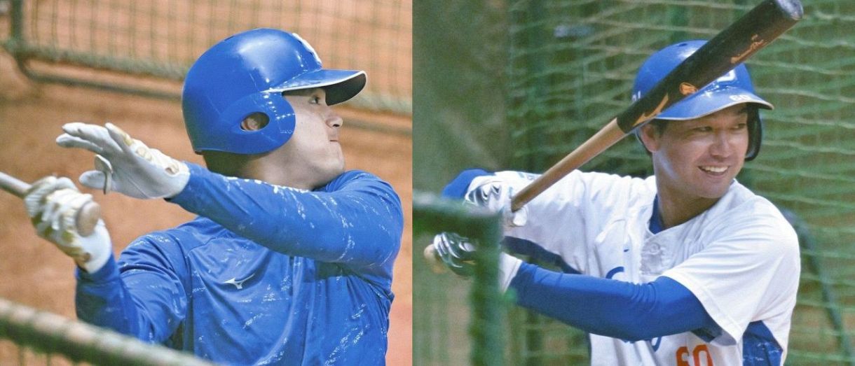 打撃練習する板山（左）、明るい表情で打撃練習する山本（右）