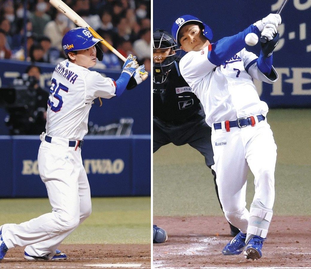 走者一掃の二塁打を放つ石川昂（左）と左中間に適時二塁打を放つ福永