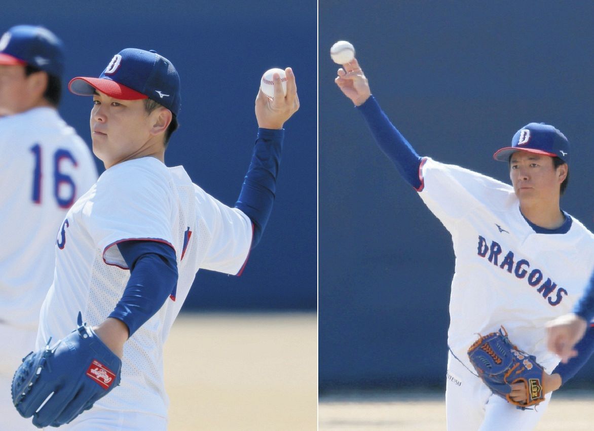 キャッチボールで調整する中西（左）と桜井（右）