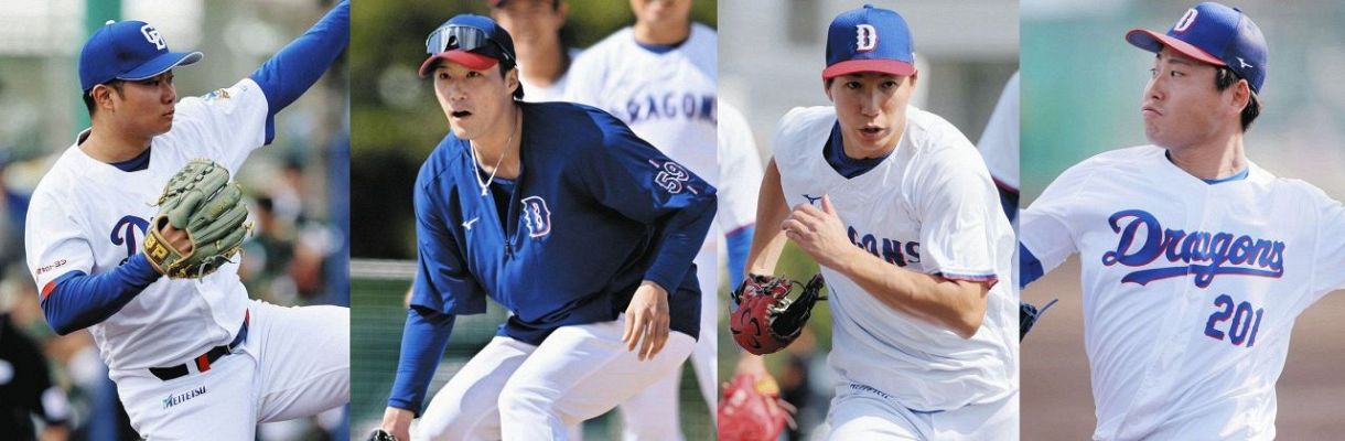 （写真左から）１イニング２／３を無失点の近藤、ノックを受ける斎藤、守備練習で駆けだす橋本、キャッチボールする牧野