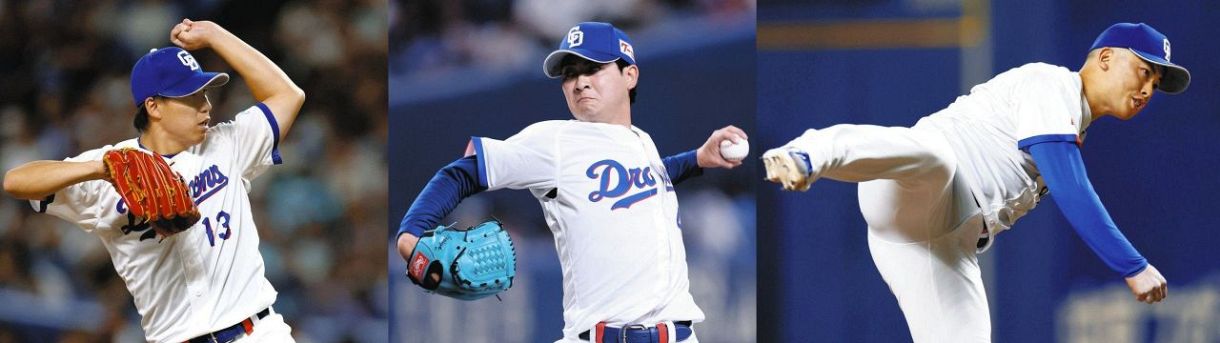 ７回表、２番手で登板した橋本（左）、８回に登板した吉田（中）、９回に登板した松山